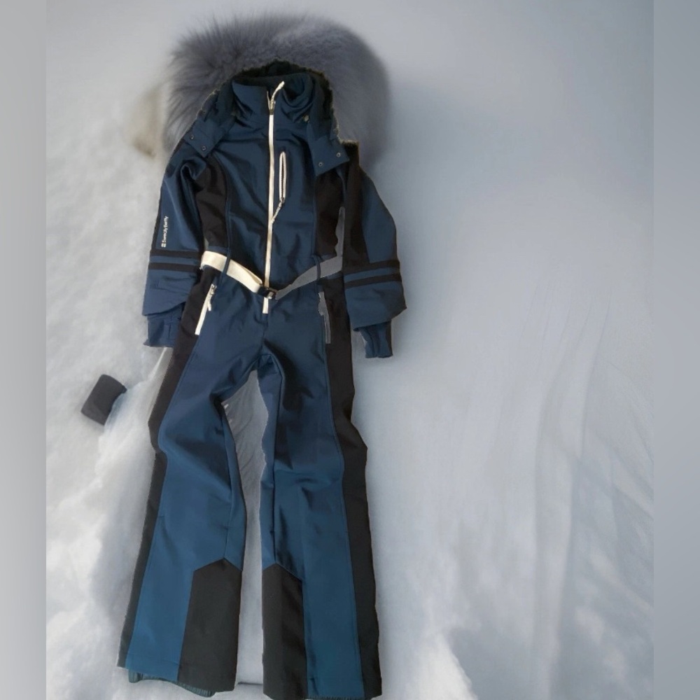 Sweaty Betty Ski Suit Size Small Snow Belted Faux Fur blue and black backcountry
